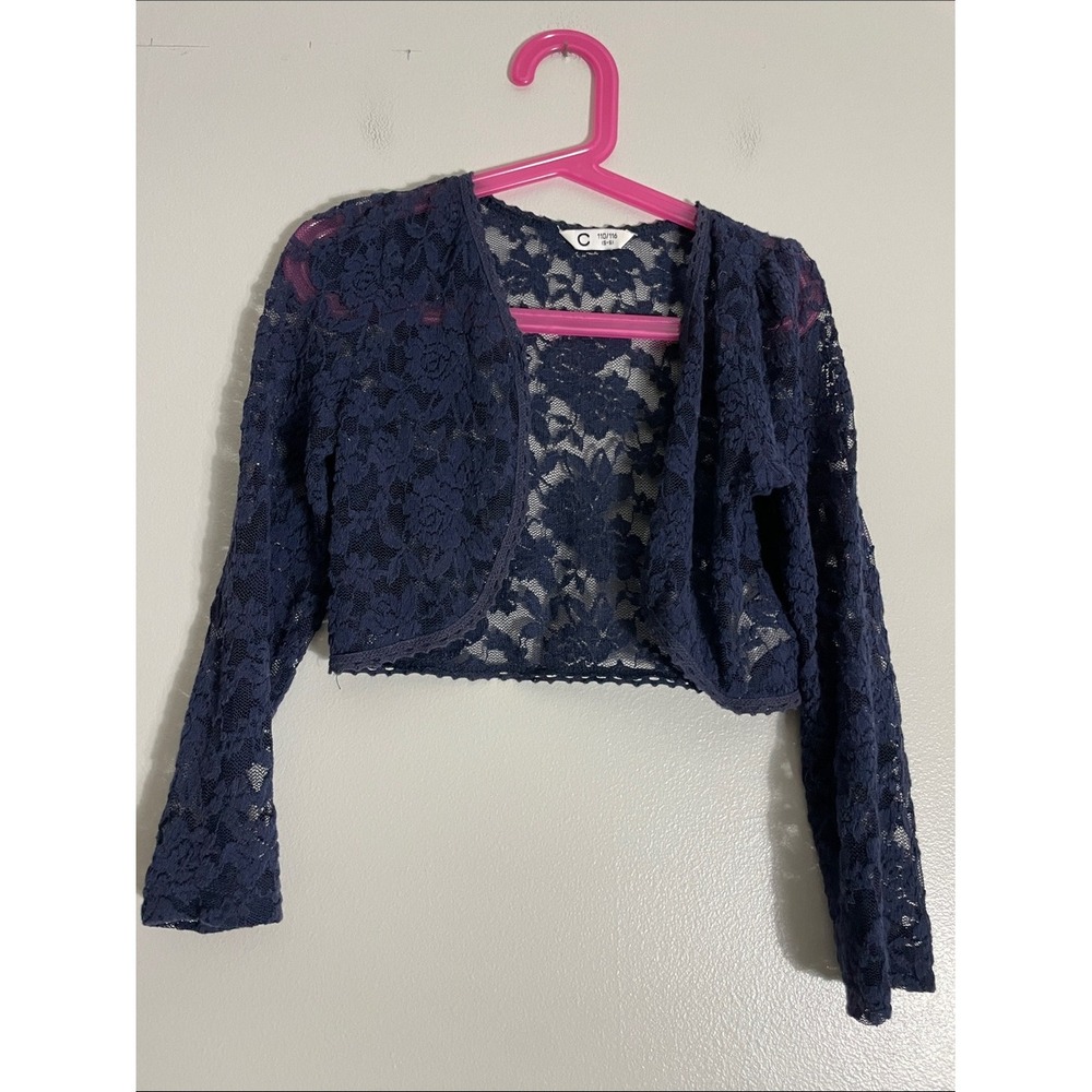 C Navy Blue Bolero Shrug Lace Floral Long Sleeve Size 5-6 Girls Layering Piece